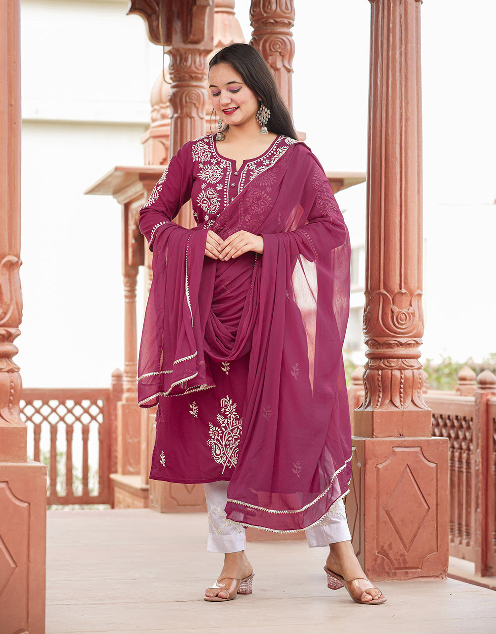 Lavangi Lucknow Chikan Onion Pink Unstitched Cotton Dress Material - Lavangi